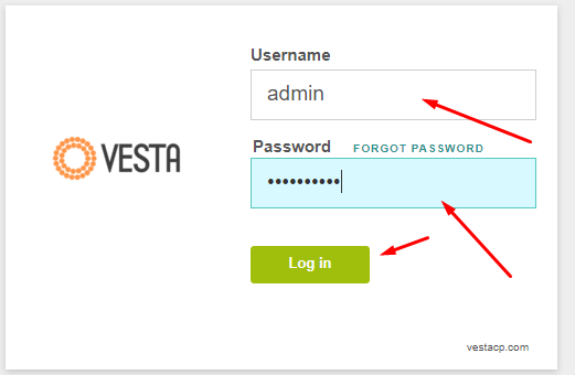 Login to vesta using the given admin and pass