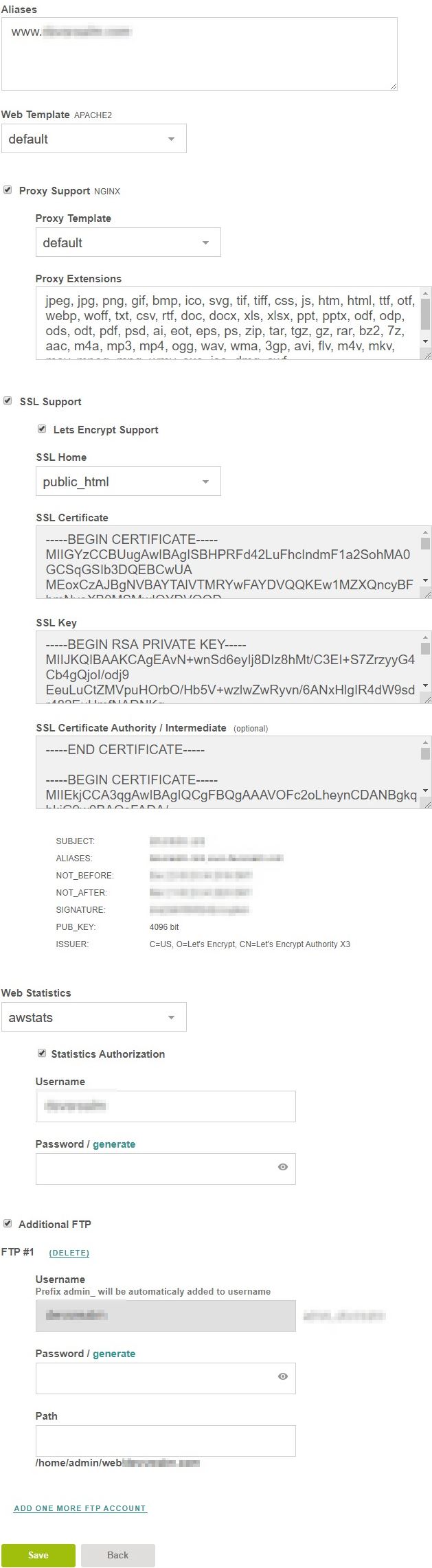 Vestacp Advance section in web