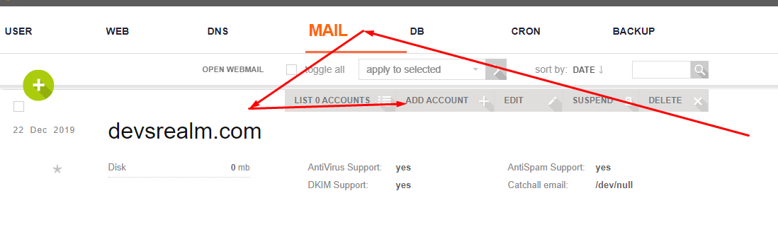 Add mail account for domain name