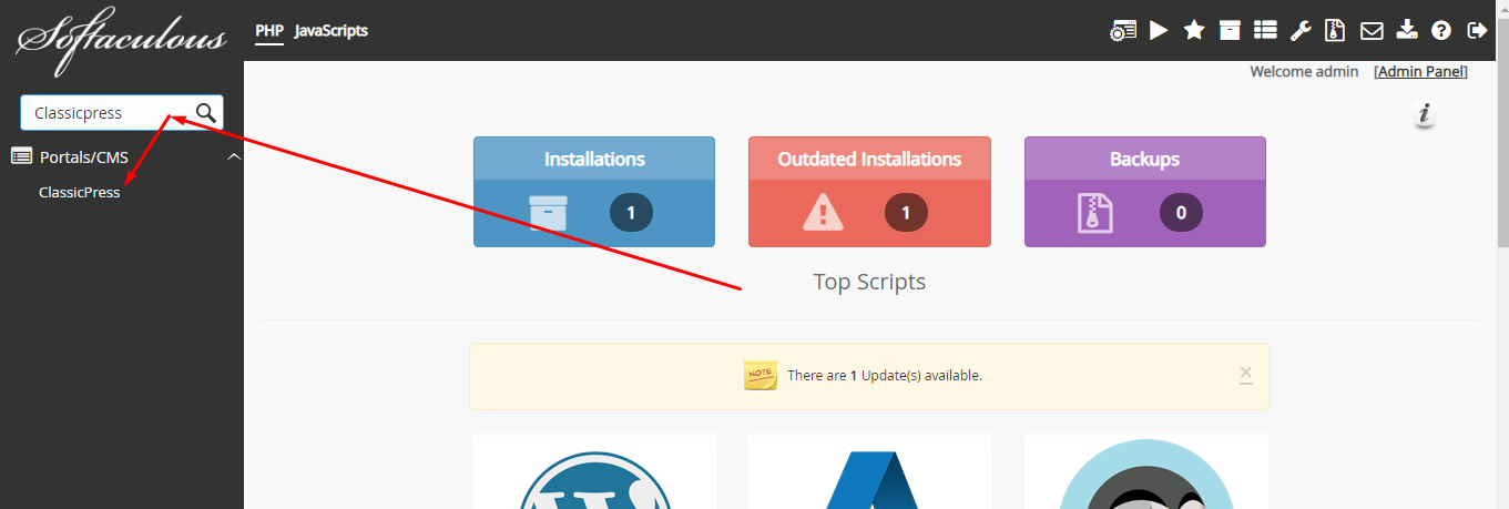 Search for ClassicPress in Softaculous