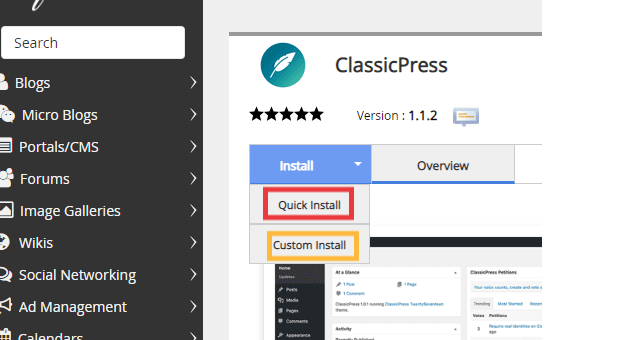 Softaculous ClassicPress Quick and Custom Install