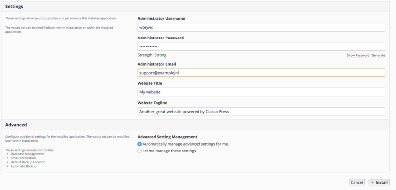 Installatron website settings page