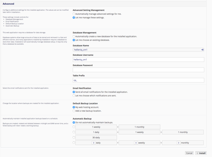 Installatron advanced settings