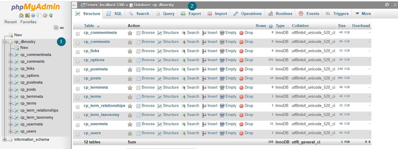 phpMyAdmin select database and export