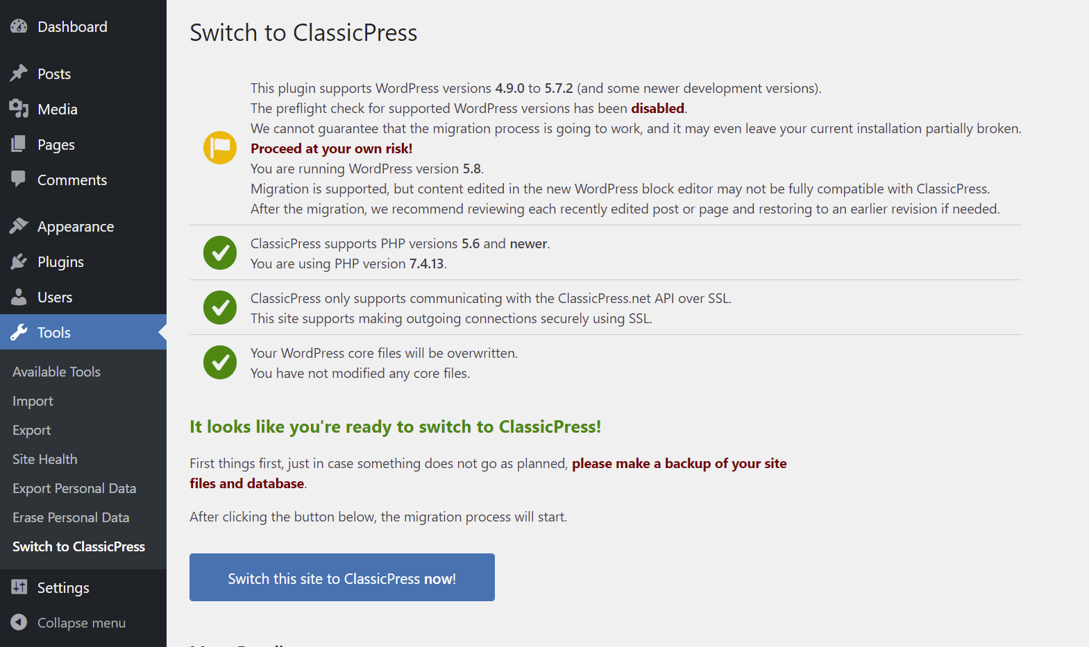 Switch to ClassicPress plugin migration screen