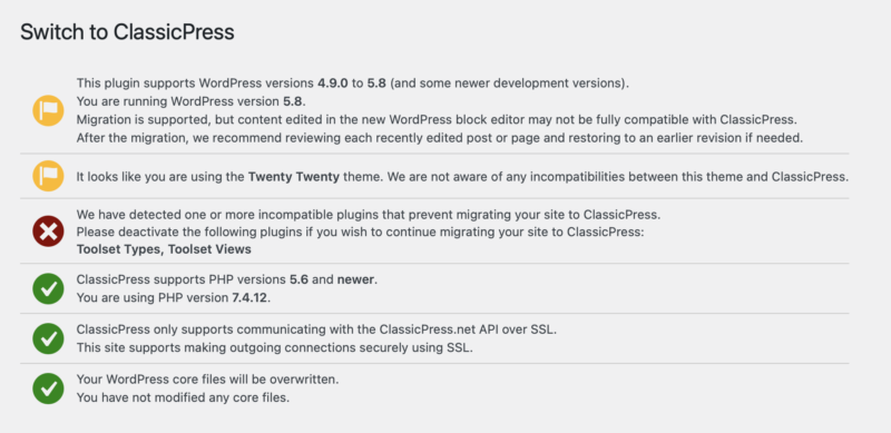 Migrating to ClassicPress - the Compatibility check