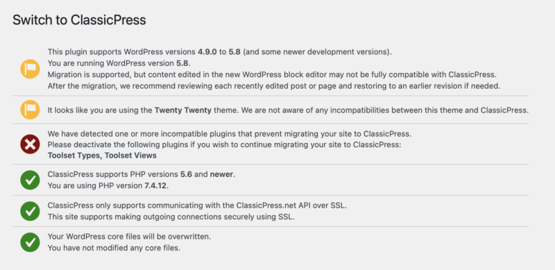 Migrating to ClassicPress - the Compatibility check 