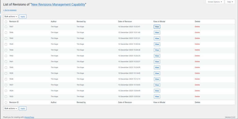 Revisions deletion list
